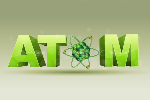 Atom Text with Abstract Atom Graphic